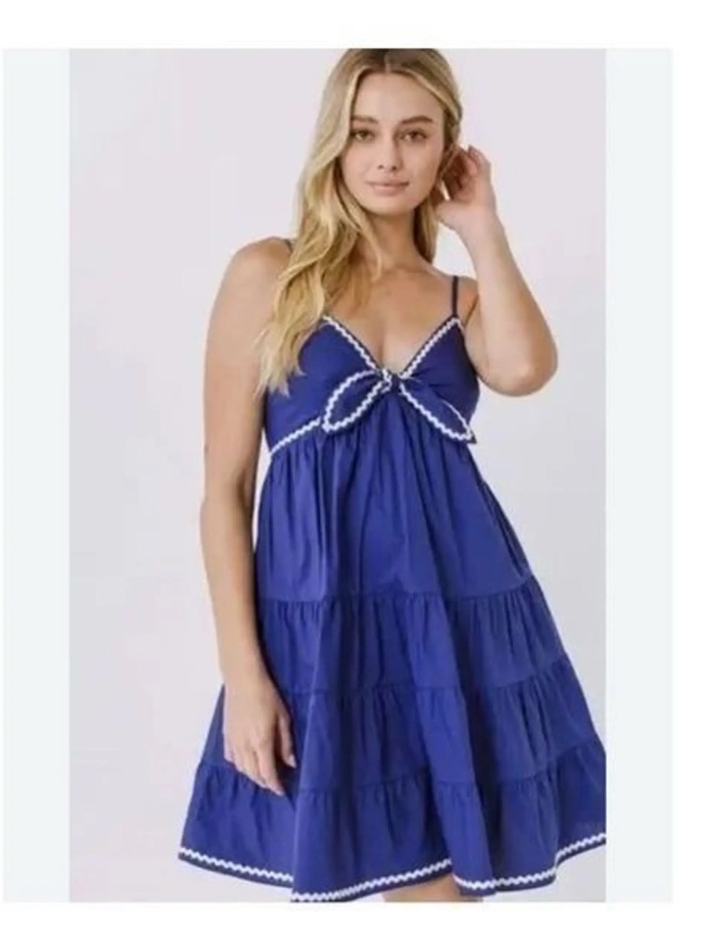 English Factory Royal Blue Tiered Mini Dress with White Trim